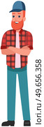 Man dressed as american lumberjack isolated on white background. Representative of woodcutter profession. Lumberman in plaid shirt and cap. Smiling bearded male character with job of logger. Man dressed as american lumberjack isolated on white background. Representative of woodcutter job. Стоковая иллюстрация, агентство Ingram Publishing / Фотобанк Лори