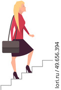 Businesswoman with suitcase climbing stairs of success. Business competition, leadership concept. Woman climbs career ladder go to success. Successful business, strategic planning, project development. Businesswoman with suitcase climbing stairs of success. Business competition, leadership concept. Стоковая иллюстрация, агентство Ingram Publishing / Фотобанк Лори