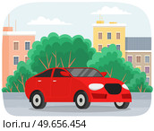 Modern cars sedan and minivan drive on road in city against tall buildings on carriageway. Urban landscape auto road vehicle, transportation. Car tourism, auto trip, journey, automobile transport. Modern cars sedan and minivan drive on road in city against tall buildings on carriageway. Стоковая иллюстрация, агентство Ingram Publishing / Фотобанк Лори