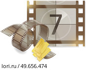 Movie time banner with cinema movie and photography 35 mm shining film strip template in vintage style. Cinema strip isolated icon with recorded film on tape, cinematography retro photo roll. Movie time banner with cinema movie and photography 35 mm film strip template in vintage style. Стоковая иллюстрация, агентство Ingram Publishing / Фотобанк Лори