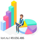 Businessman analyzes statistical indicators, data analysis. Man with laptop studies infographics. Business analytics data accounting. Statistical business report in form of pie and bar charts. Statistical business report in form of pie and bar charts. Businessman analyzes statistics. Стоковая иллюстрация, агентство Ingram Publishing / Фотобанк Лори