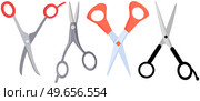 Various shapes scissors set. Tool made of blades and plastic handles. Equipment for creativity, cutting materials. Iron scissors with colorful handles isolated on white. Sharp cutting tool, clippers. Various shapes scissors set. Tool made of blades and plastic handles. Equipment for creativity. Стоковая иллюстрация, агентство Ingram Publishing / Фотобанк Лори