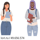 Happy multinational school pupils or college students standing with books. Portrait of smiling people with backpacks. Diverse college, female university students, multicultural women studying. Diverse college, female university students, women, multinational school pupils with books studying. Стоковая иллюстрация, агентство Ingram Publishing / Фотобанк Лори