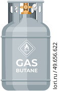 High cylinder, canister with fuel, storage for gas. Metal tank with liquefied compressed petroleum, propane. Pressurized gas cylinder, storage with tap for substance release vector illustration. High cylinder, canister with fuel, storage for gas. Metal tank with liquefied compressed substance. Стоковая иллюстрация, агентство Ingram Publishing / Фотобанк Лори