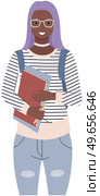 Portrait of modern black-skinned student of university. Happy young african woman wearing trendy casual clothing and backpack. Diverse college, university female student with notebooks studying. Diverse college, university female student with notebooks. Young african woman in college. Стоковая иллюстрация, агентство Ingram Publishing / Фотобанк Лори