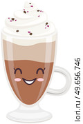 Cute coffee latte with froth and syrup sticker kawaii icon vector design. Adorable hot drink in glass with positive emotion, japanese, oriental culture symbol anime, innocence and childishness. Cute coffee latte with froth and syrup sticker kawaii. Hot drink in glass with positive emotion. Стоковая иллюстрация, агентство Ingram Publishing / Фотобанк Лори