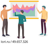 Analytics information and development statistics. Web CMS analysis measure, product testing technology, data analytics. Men analyse dashboard seo optimization, digital marketing reports vector icon. Men analyse digital marketing reports. Analytics information and development statistical diagram. Стоковая иллюстрация, агентство Ingram Publishing / Фотобанк Лори