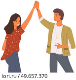 Two people giving high five, standing with hands together. Man and woman in casual clothes greeting each other. Characters give five and rejoice. Happy couple during greeting vector illustration. Man and woman in casual clothes greeting each other. Characters give five and are rejoice. Стоковая иллюстрация, агентство Ingram Publishing / Фотобанк Лори