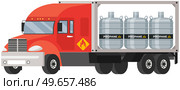 Transportation of gas cylinders, canisters with fuel. Metal tanks with liquefied compressed petroleum, propane. Pressurized gas cylinders inside truck. Flammable material delivery and logistics. Transportation of gas cylinders, canisters with fuel. Metal tanks with propane inside truck. Стоковая иллюстрация, агентство Ingram Publishing / Фотобанк Лори