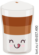 Cute coffee latte with froth and syrup sticker kawaii icon vector design. Adorable hot drink in glass with positive emotion, japanese, oriental culture symbol anime, innocence and childishness. Cute coffee latte with froth and syrup sticker kawaii. Hot drink in glass with positive emotion. Стоковая иллюстрация, агентство Ingram Publishing / Фотобанк Лори