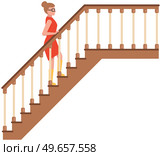 Woman in dress climbs stairs holding on to railing. Stairs classical icon with banisters fence. Ladder, wooden staircase with handrail isolated on white background. Lady climbing up steps of stairs. Woman in dress climbs stairs holding on to railing. Ladder, wooden staircase with handrail fence. Стоковая иллюстрация, агентство Ingram Publishing / Фотобанк Лори