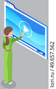 Woman turns on video player to view lesson. Application for watching movie, digital information video. Female character selects video on virtual screen, watching online tutorial, playback via internet. Female character selects video on virtual screen, watching online tutorial, playback via internet. Стоковая иллюстрация, агентство Ingram Publishing / Фотобанк Лори