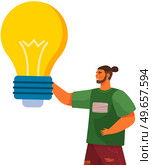 Employee near invention light bulb as symbol of new project. Man develops and implements creative idea, planning startup. Creation of business plan. Workflow, business project and new idea development. Employee near invention light bulb as symbol of new project. Man develops and implements new idea. Стоковая иллюстрация, агентство Ingram Publishing / Фотобанк Лори