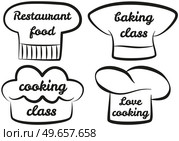Set of chef logo design with modern concept. Hand writings about kitchen, food and cooking. Hand drawn letterings in simple style, ink or pen outlines of chef s hat. Baking, cooking, culinary concept. Set of chef logo design with modern concept. Hand writings about kitchen, food and cooking. Стоковая иллюстрация, агентство Ingram Publishing / Фотобанк Лори