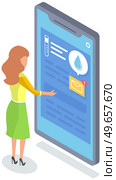 Mobile phone with weather forecast app vector illustration. Woman uses application for determining air temperature. Girl looking at smartphone screen with weather and precipitation forecasting program. Mobile phone with weather forecast app. Woman uses application for determining air temperature. Стоковая иллюстрация, агентство Ingram Publishing / Фотобанк Лори