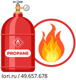 Gas cylinder, canister with fuel storage. Balloon with flammable subtance near fire warning. Metal tank with liquefied compressed petroleum, propane. Pressurized gas cylinder with manometer. Container with flammable subtance near fire warning. Pressurized gas cylinder with manometer. Стоковая иллюстрация, агентство Ingram Publishing / Фотобанк Лори