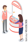 Man with badge distributes product catalogs with advertisement. Marketing, advertising campaign, promotion concept. Male distributor advertises, promotes to customer, near presentation stand. Man with badge distributes books, catalogs with advertisement. Promotion, advertising concept. Стоковая иллюстрация, агентство Ingram Publishing / Фотобанк Лори