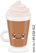Cute coffee latte with froth and syrup sticker kawaii icon vector design. Adorable hot drink in glass with positive emotion, japanese, oriental culture symbol anime, innocence and childishness. Cute coffee latte with froth and syrup sticker kawaii. Hot drink in glass with positive emotion. Стоковая иллюстрация, агентство Ingram Publishing / Фотобанк Лори