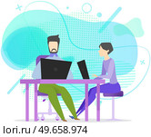 Employees entrepreneurs working at office desks. Business team sitting with laptop surfing internet. Group of managers uses computers, modern technologies for work. Clerks, office workers at workplace. Business team sitting with laptop surfing internet. Group of managers uses computers for work. Стоковая иллюстрация, агентство Ingram Publishing / Фотобанк Лори