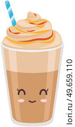 Cute coffee latte with froth and syrup sticker kawaii icon vector design. Adorable hot drink in glass with positive emotion, japanese, oriental culture symbol anime, innocence and childishness. Cute coffee latte with froth and syrup sticker kawaii. Hot drink in glass with positive emotion. Стоковая иллюстрация, агентство Ingram Publishing / Фотобанк Лори