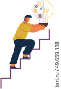 Business person climbs steps up to solution goal holds light bulb with great idea logical concept. Idea generation, imagination, solution, businessman and scheme, male with technical mindset. Business person climbs steps up to solution goal holds light bulb with great idea logical concept. Стоковая иллюстрация, агентство Ingram Publishing / Фотобанк Лори