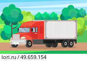 Delivery truck rides on road against background of autumn trees. Wagon with trailer for transporting goods worldwide. Vehicle for transportation and shipping. Delivery of parcels by transport. Delivery truck rides on road near autumn trees. Wagon with trailer for transporting goods worldwide. Стоковая иллюстрация, агентство Ingram Publishing / Фотобанк Лори