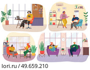 Discussion, talk during work in studio. Young people enjoy doing interviews, making digital record with computer, headphones. Set of illustrations about communicating, having conversation and working. Set of illustrations about people communicating, working with computer, headphones in studio. Стоковая иллюстрация, агентство Ingram Publishing / Фотобанк Лори