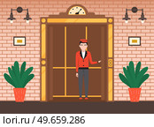 Modern elevator made in old vintage style. Door to cabin of mechanical lift with lifting mechanism. Doorman standing inside retro lift. Elevator with doors and floor counter vector illustration. Doorman standing inside cabin of mechanical retro lift. Elevator with doors and floor counter. Стоковая иллюстрация, агентство Ingram Publishing / Фотобанк Лори