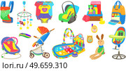 Baby care objects, newborn items supplies, set of icons. Devices for convenient pastime of mother with child. Clothing for children, educational, developing toys and items for transporting baby. Clothing for children, educational, developing toys, items for transporting, baby care objects icons. Стоковая иллюстрация, агентство Ingram Publishing / Фотобанк Лори