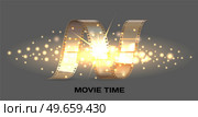 Movie time banner with cinema movie and photography 35 mm shining film strip template in vintage style. Cinema strip isolated icon with recorded film on tape, cinematography retro photo roll. Movie time banner with cinema movie and photography 35 mm film strip template in vintage style. Стоковая иллюстрация, агентство Ingram Publishing / Фотобанк Лори