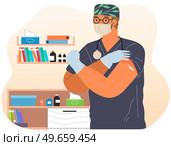 Doctor man wearing protective mask showing his arm with bandage after receiving covid-19 vaccine. Concept of vaccination, health, immunization, healthcare, call of fight against coronavirus. Doctor man wearing protective mask showing his arm with bandage after receiving covid-19 vaccine. Стоковая иллюстрация, агентство Ingram Publishing / Фотобанк Лори