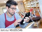 man reading a bottle of wine label in wine shop. Стоковое фото, агентство Ingram Publishing / Фотобанк Лори