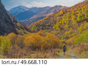 girl in the track in the mountains. Caucasus mountains in autumn. . Стоковое фото, агентство Ingram Publishing / Фотобанк Лори