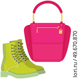 Fashion shoes and bag isolated on white. Stylish elements of womens wardrobe in casual youth style green boots and pink handbag, footwear and pouch, female accessories fashionable trendy collection. Fashion shoes and bag isolated on white. Stylish elements of womens wardrobe in casual youth style. Стоковая иллюстрация, агентство Ingram Publishing / Фотобанк Лори
