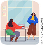 Colleagues communicating during break at work. People discussing, having conversation while working with laptop. Women have dialogue, talk together at work. Positive communication at workplace. People have conversation while working with laptop, Colleagues communicating during break at work. Стоковая иллюстрация, агентство Ingram Publishing / Фотобанк Лори