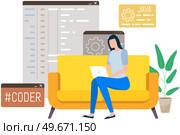 Woman working with laptop and computer at home. Software developer programmer or system administrator with PC. Technical specialist at workplace. Young girl coder sitting on couch typing java language. Woman working with laptop and computer at home. Software developer programmer, system administrator. Стоковая иллюстрация, агентство Ingram Publishing / Фотобанк Лори