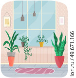 Plants as interior design elements. Room at home for growing plants and flowers in pots. Cosy area with pink wallpaper, large window and green houseplants. Greenery in apartment vector illustration. Room with pink wallpaper, large window and green houseplants. Plants ast home interior design. Стоковая иллюстрация, агентство Ingram Publishing / Фотобанк Лори