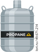 High cylinder, canister with fuel, storage for gas. Metal tank with liquefied compressed petroleum, propane. Pressurized gas cylinder, storage with tap for substance release vector illustration. High cylinder, canister with fuel, storage for gas. Metal tank with liquefied compressed substance. Стоковая иллюстрация, агентство Ingram Publishing / Фотобанк Лори