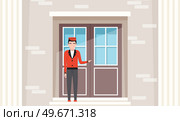 Doorman standing in front of hotel entrance doors. Young man in uniform working as belboy. Hotel employee opening doors to visitors. Male doorman near large building gates vector illustration. Doorman standing in front of hotel entrance doors. Young man in uniform working as belboy. Стоковая иллюстрация, агентство Ingram Publishing / Фотобанк Лори