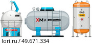 Set of metal tanks with industrial liquefied compressed oxygen, petroleum, propane. Gas cylinders, storage with high pressure of substance. Containers with pressurized gas, fuel vector illustration. Set of metal tanks with industrial liquefied compressed substance. Gas cylinders, storage for fuel. Стоковая иллюстрация, агентство Ingram Publishing / Фотобанк Лори