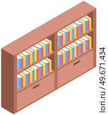 Large bookcase with different books. Big library, bookstore wooden furniture full of stacked books standing on bookshelves isolated on white. Textbooks volumes on shelves, big knowledge storage. Large bookcase with different books. Big library wooden furniture full of stacked literature. Стоковая иллюстрация, агентство Ingram Publishing / Фотобанк Лори
