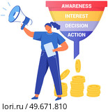Social media sales funnel, SMM, marketing strategy to attract customers. Woman with loudspeaker advertises. Scheme of interest of buyer in product concept. Lady says announcement, advertisement. Sales funnel, SMM, marketing strategy to attract customers. Woman with loudspeaker advertises. Стоковая иллюстрация, агентство Ingram Publishing / Фотобанк Лори