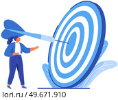 Businesswoman working with big target with arrow. Goals and objectives, business grow and plan concept. Targeting, target marketing concept. Woman planning business strategy for success, leadership. Businesswoman working with big target with arrow. Woman planning business strategy for success. Стоковая иллюстрация, агентство Ingram Publishing / Фотобанк Лори