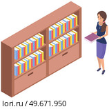 Student taking book at library vector icon bookcase. Female person study at school, college or university reading room. Girl at bookstore standing near bookshelf with stacks of books isolated on white. Student taking book at library icon bookcase. Woman at bookstore standing near bookshelf with books. Стоковая иллюстрация, агентство Ingram Publishing / Фотобанк Лори