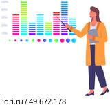 Woman studies statistics on presentation. Female character while working or studying with report. Girl working and analyzing financial statistics. Female marketer examines information about metrics. Woman studies statistics on presentation. Female character while working or studying with report. Стоковая иллюстрация, агентство Ingram Publishing / Фотобанк Лори