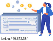 Filling out bank check to transfer funds. Woman working with banking and money. Currency transactions, bill payments, taxation. Businesswoman next to security paper for owner bank account data. Filling out bank check to transfer funds. Woman working with security paper for money transactions. Стоковая иллюстрация, агентство Ingram Publishing / Фотобанк Лори