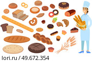 Professional bread maker holding fresh baguettes and loaves. Bakehouse worker with hot bakery. Woman stands with basket of bread next to various pastries, desserts, cakes vector illustration. Female bakehouse worker stands with basket of bread next to various pastries, desserts, cakes. Стоковая иллюстрация, агентство Ingram Publishing / Фотобанк Лори