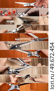 Collage of hairdressers cuts long smooth hair with scissors. Hair salon, hairstylist. Care and beauty hair products. Dyed hair. Стоковое фото, агентство Ingram Publishing / Фотобанк Лори