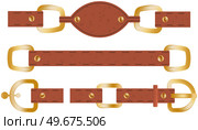 Brown leather belt set with buttoned steel buckle with metal rivet accessories isolated on white background. Vector fashion clothing accessory strong belt in cartoon flat style, unbuttoned strap. Brown leather belt set with buttoned steel buckle with metal rivet accessories isolated on white. Стоковая иллюстрация, агентство Ingram Publishing / Фотобанк Лори