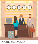 Young couple with suitcases standing at reception desk. People communicating with hotel administrator. Registration and receipt of hotel room. Facility staff services visitors, helps with booking. Young couple with suitcases standing at reception desk. People communicate with hotel administrator. Стоковая иллюстрация, агентство Ingram Publishing / Фотобанк Лори